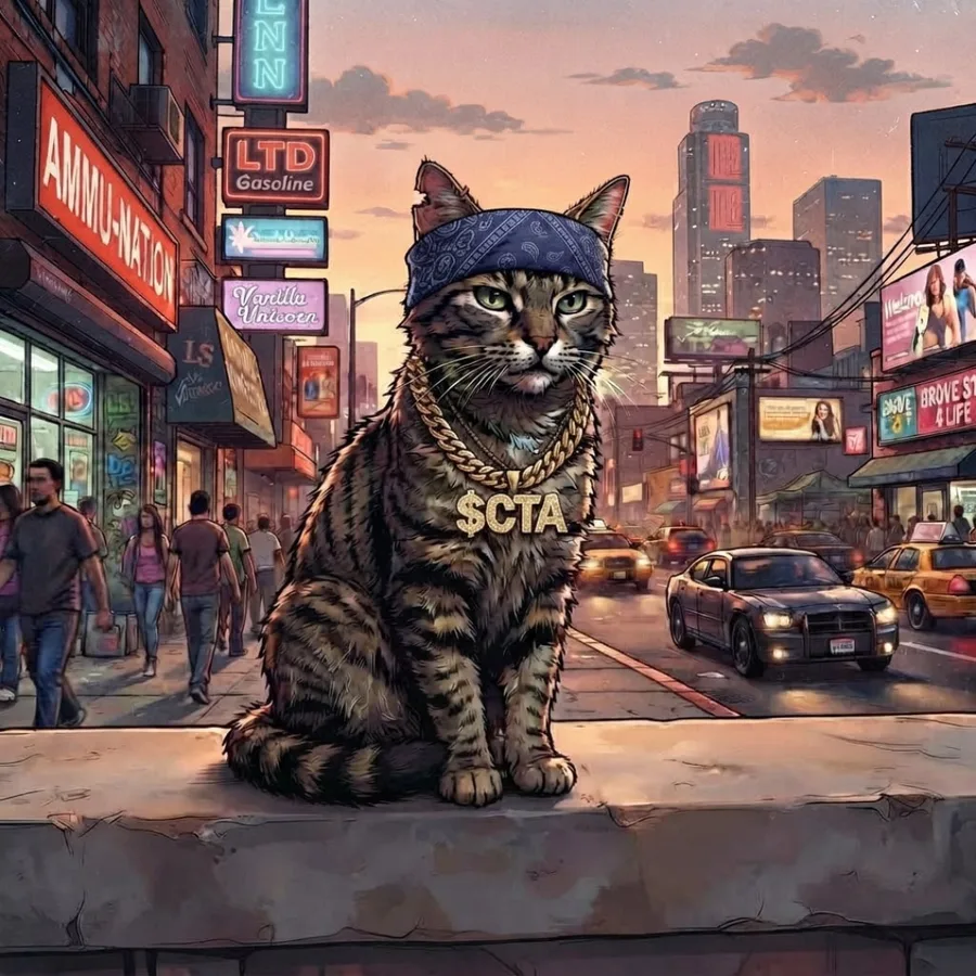 Tabby, the Cat Theft Auto mascot, wearing a blue bandana and a gold $CTA chain on a Los Gatos street at sunset