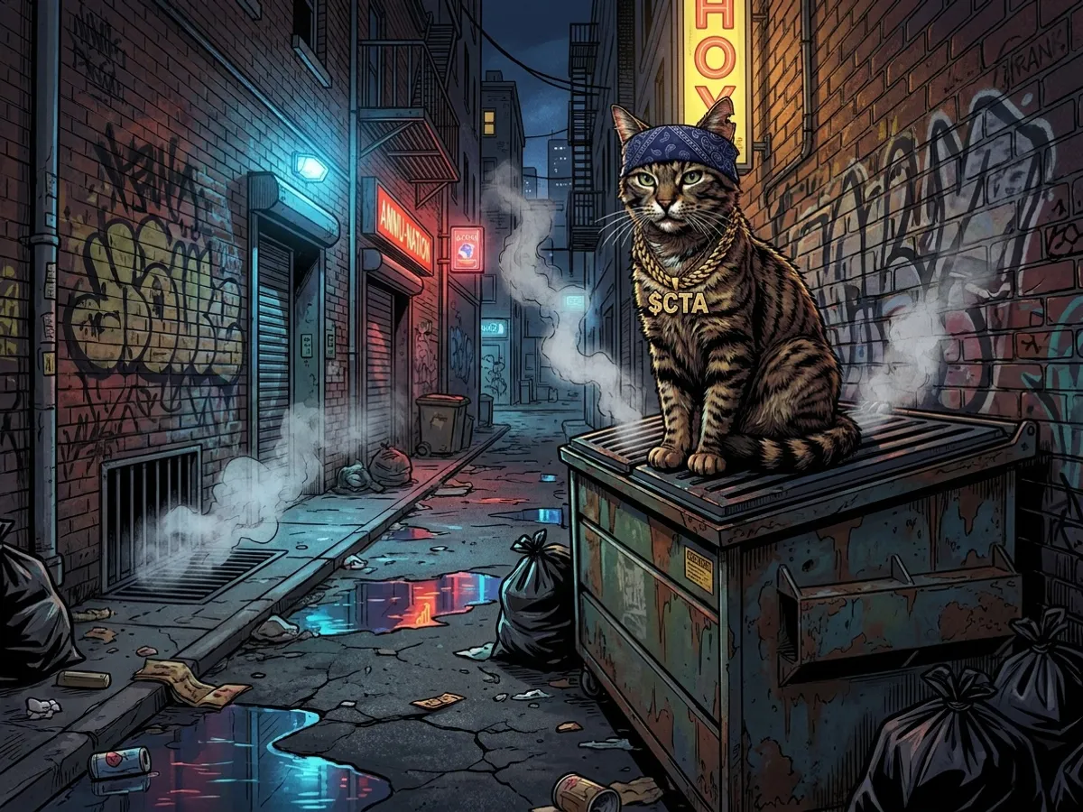 Tabby sitting on a dumpster in a rainy neon alley