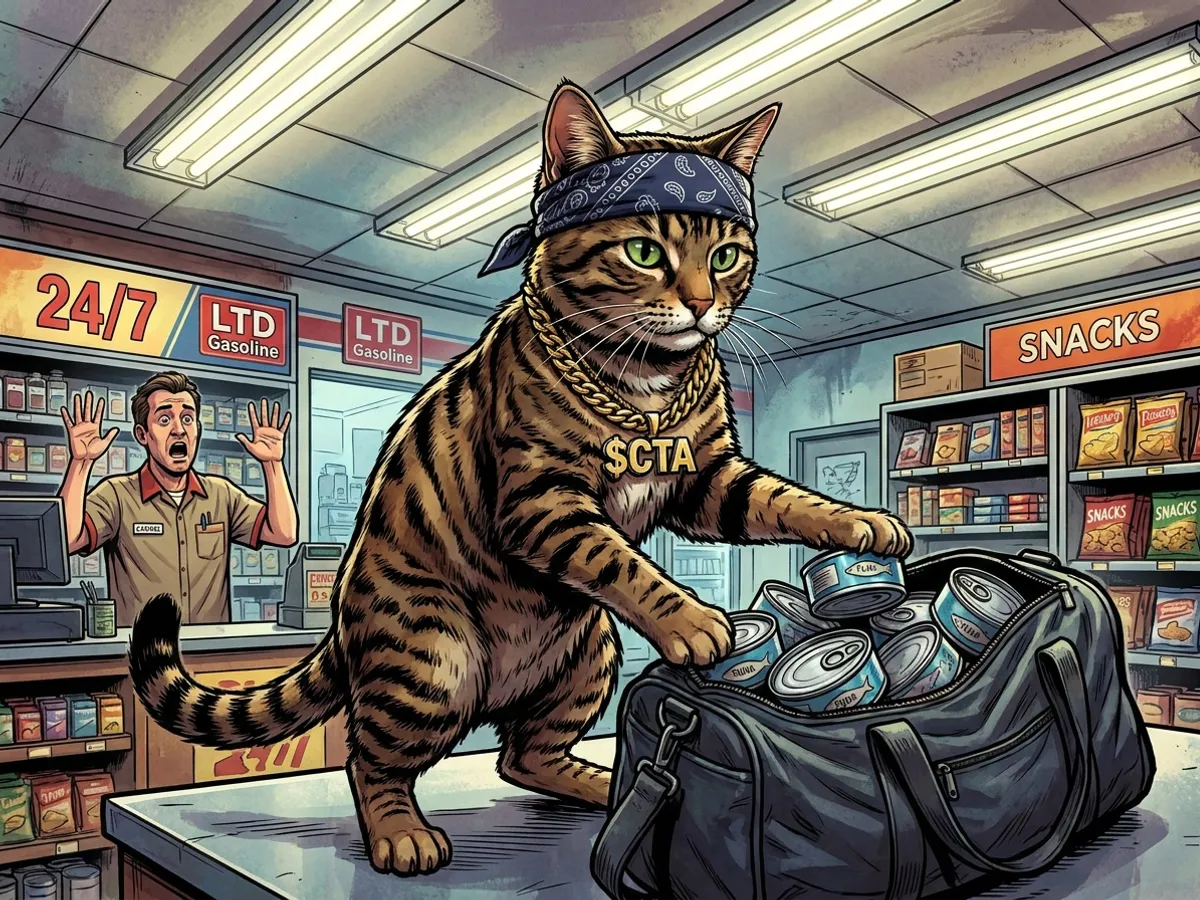 Tabby robbing tuna cans from a convenience store