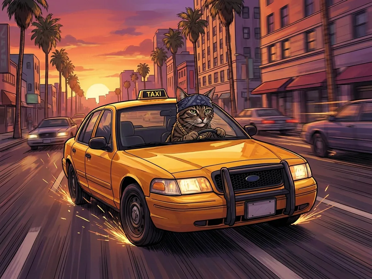 Tabby driving a stolen yellow taxi at sunset