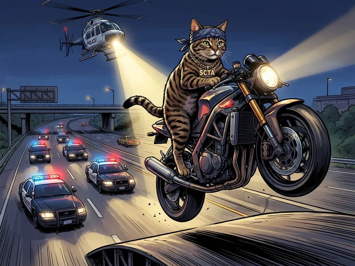 Tabby on a motorcycle jumping a ramp while police chase him
