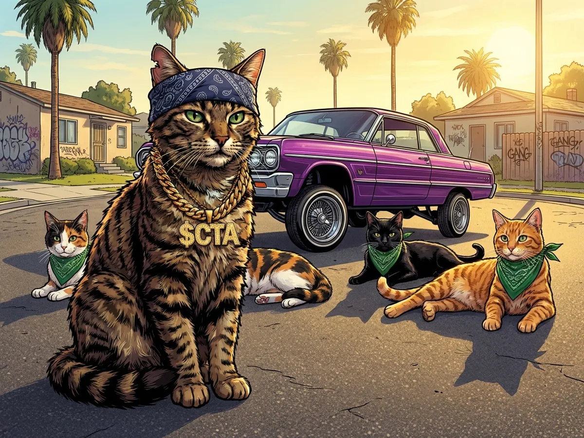 Tabby with his crew of street cats next to a lowrider