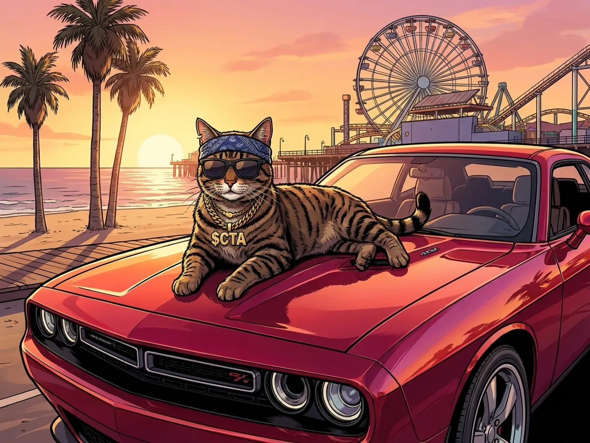 Tabby lounging on a red muscle car at a beach pier